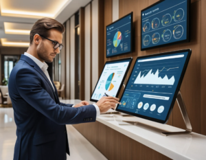 A modern hotel manager reviewing digital dashboards on multiple screens in a sleek, contemporary hotel lobby. The image should depict a confident professional with a tablet in hand, with subtle overlays of data charts, icons for automation, and digital connectivity symbols. The atmosphere is professional, modern, and conveys control, efficiency, and innovation in hotel management.