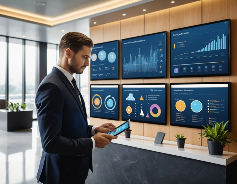 A modern hotel manager reviewing digital dashboards on multiple screens in a sleek, contemporary hotel lobby. The image should depict a confident professional with a tablet in hand, with subtle overlays of data charts, icons for automation, and digital connectivity symbols. The atmosphere is professional, modern, and conveys control, efficiency, and innovation in hotel management